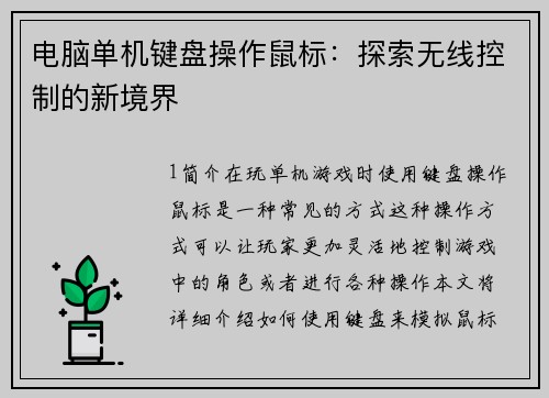 电脑单机键盘操作鼠标:探索无线控制的新境界